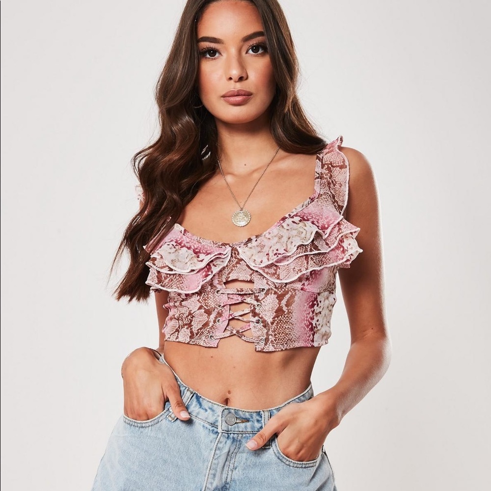 Missguided Pink Snake-Skin Print Chiffon Crop Top